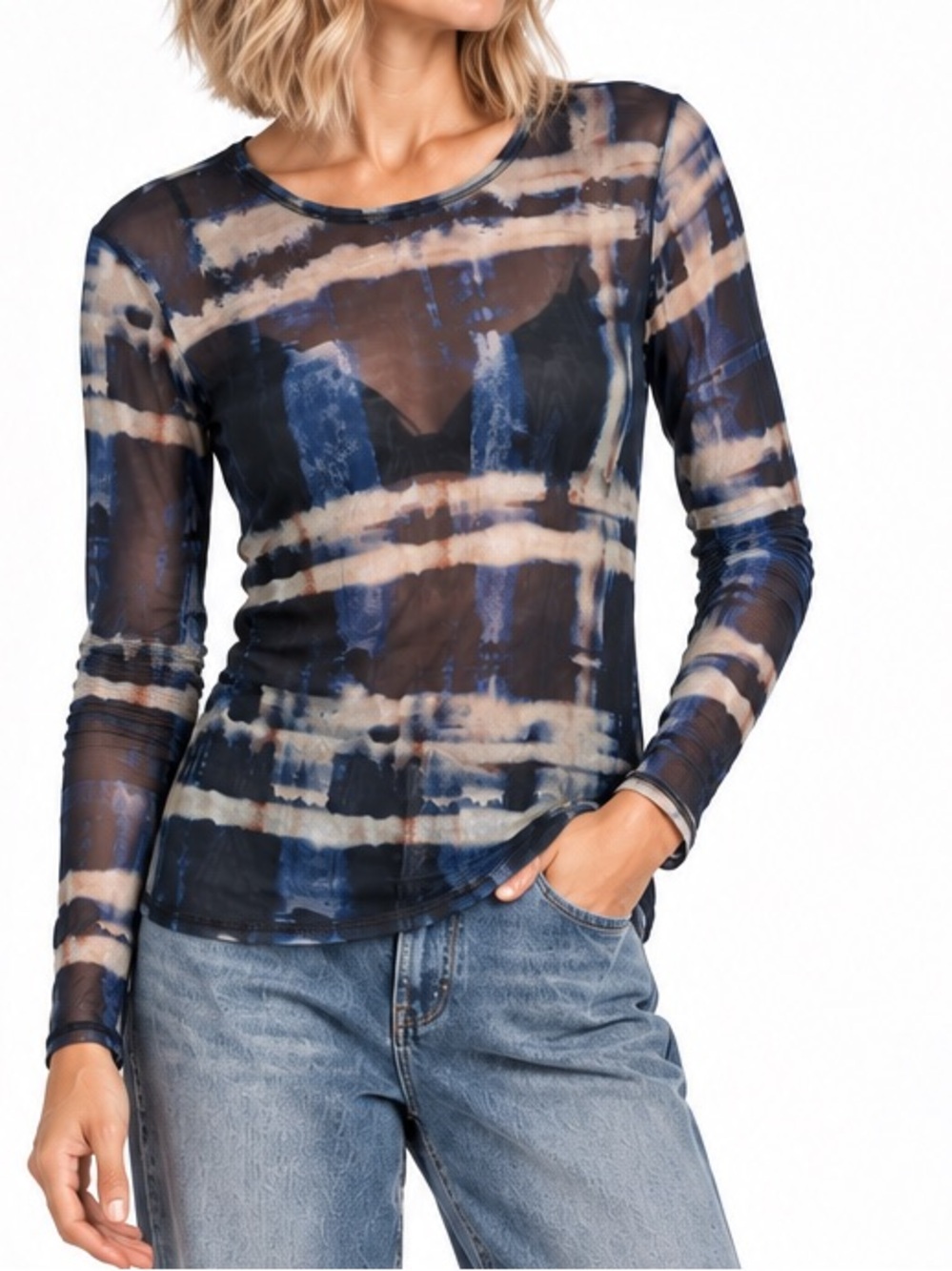 Rebecca Minkoff Navy and Cream Blurred Grid Sheer Mesh Long Sleeve Top Sz Large